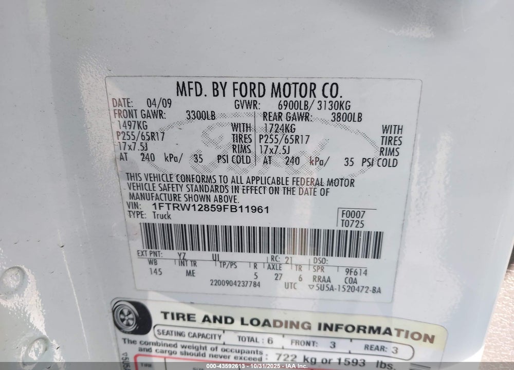 2009 FORD F-150 XL/XLT VIN: 1FTRW12859FB11961