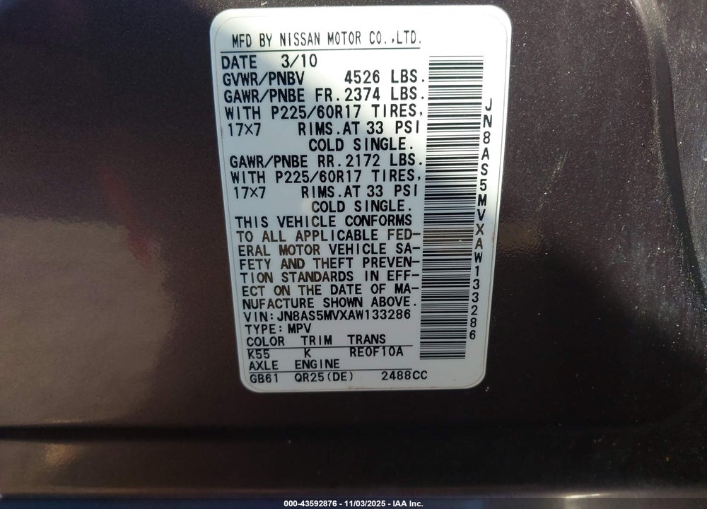 2010 NISSAN ROGUE VIN: JN8AS5MVXAW133286