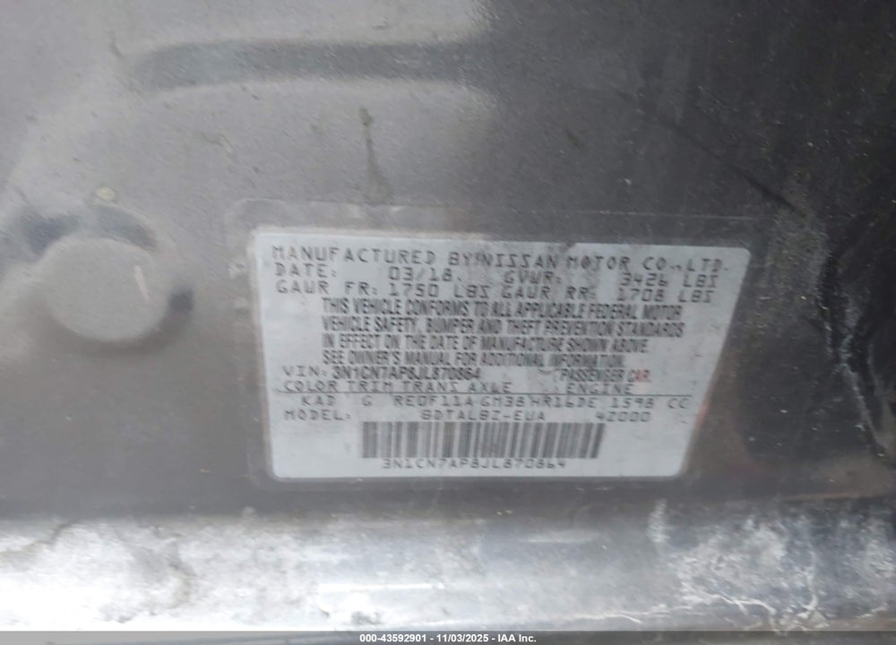 2018 NISSAN VERSA 1.6 SV VIN: 3N1CN7AP8JL870864