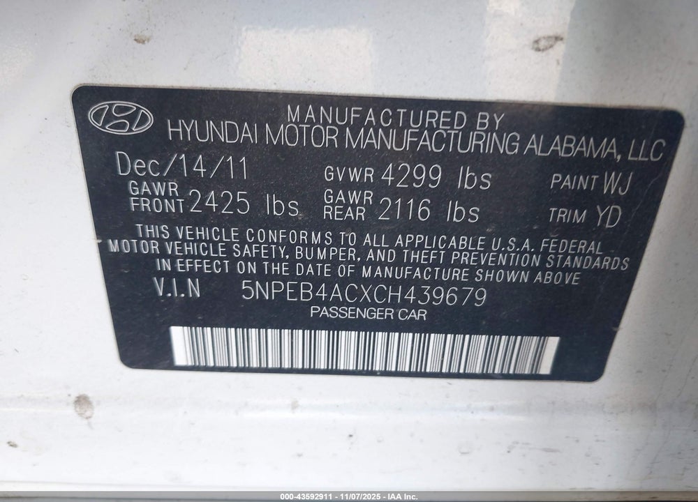 2012 HYUNDAI SONATA GLS VIN: 5NPEB4ACXCH439679