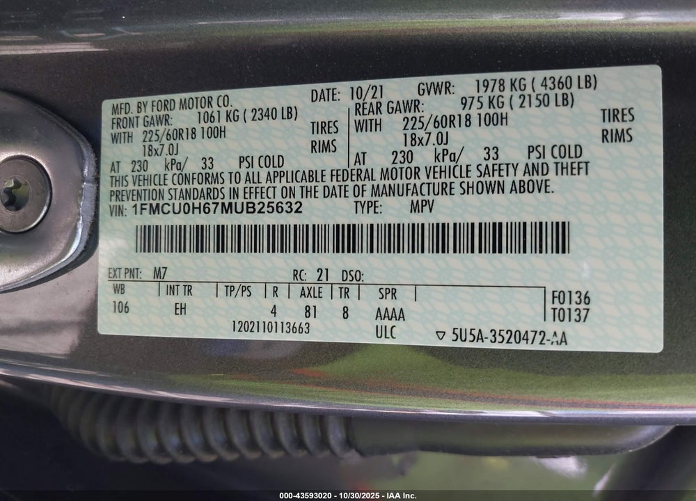 2021 FORD ESCAPE VIN: 1FMCU0H67MUB25632