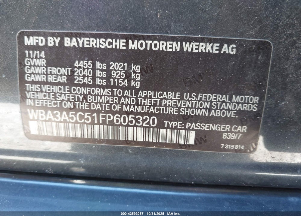 2015 BMW 328I VIN: WBA3A5C51FP605320