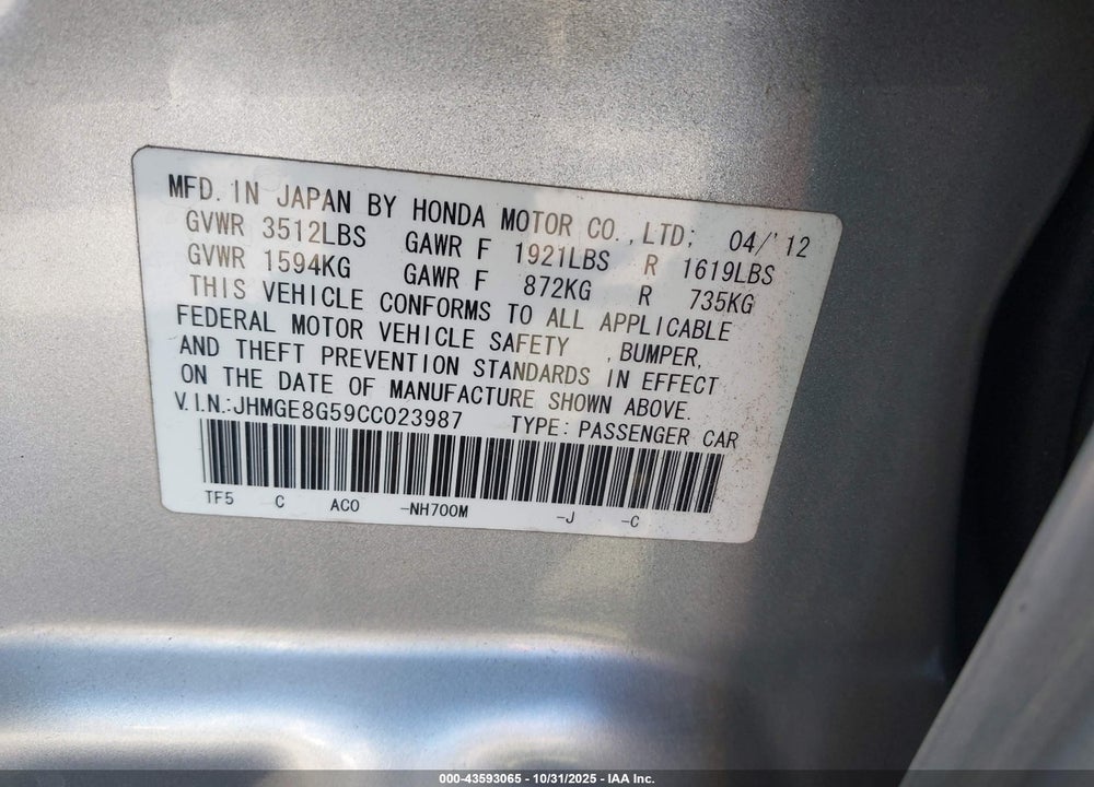 2012 HONDA FIT SPORT VIN: JHMGE8G59CC023987