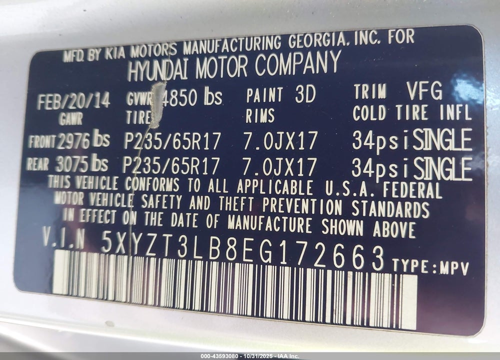 2014 HYUNDAI SANTA FE VIN: 5XYZT3LB8EG172663