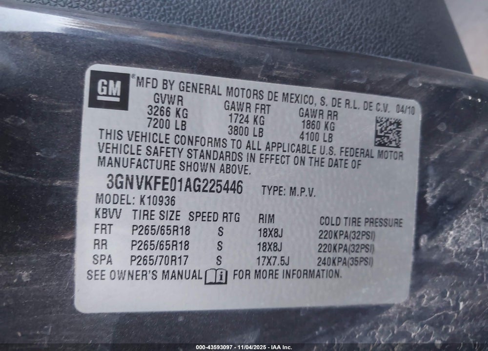 2010 CHEVROLET AVALANCHE 1500 LT1 VIN: 3GNVKFE01AG225446
