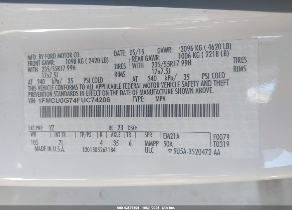 2015 FORD ESCAPE SE VIN: 1FMCU0G74FUC74206