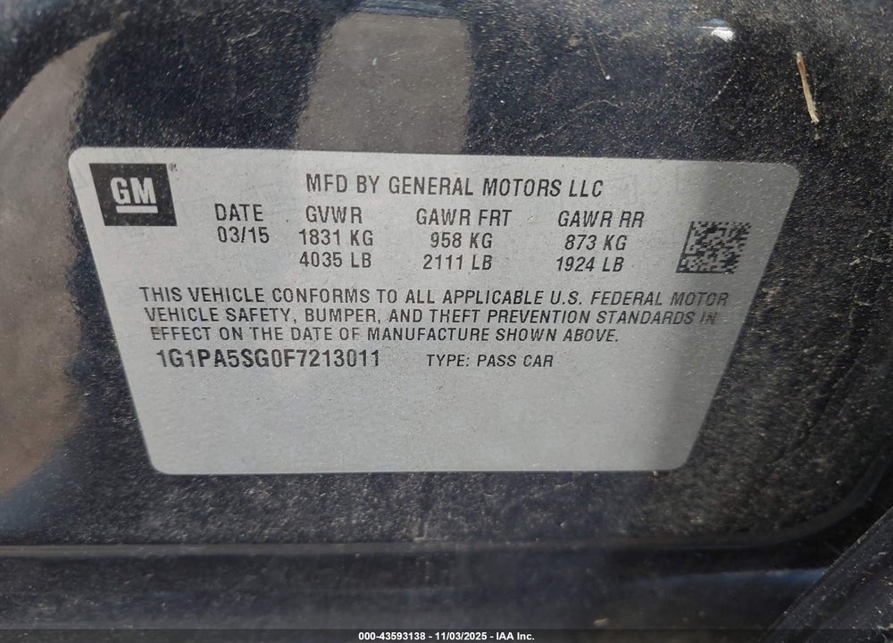 2015 CHEVROLET CRUZE LS AUTO VIN: 1G1PA5SG0F7213011