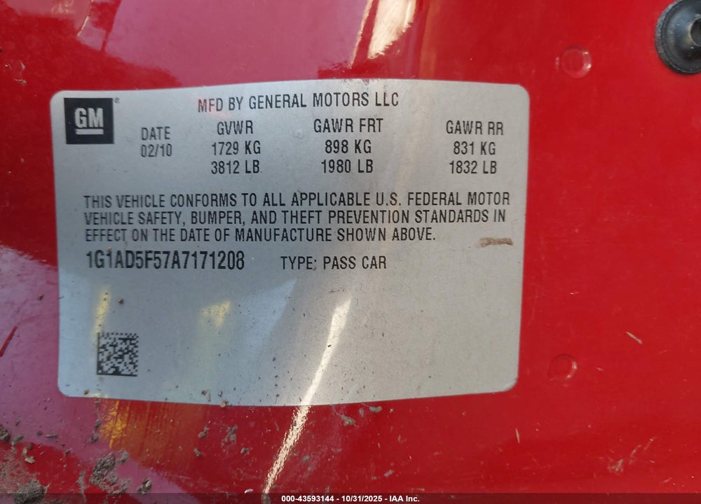 2010 CHEVROLET COBALT LT VIN: 1G1AD5F57A7171208