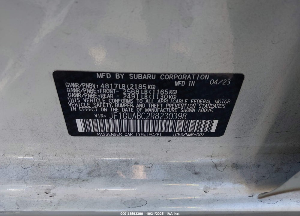 2024 SUBARU IMPREZA VIN: JF1GUABC2R8230398