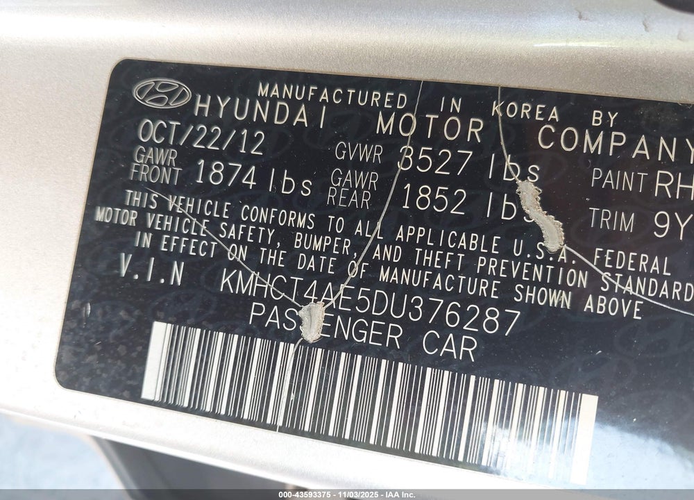2013 HYUNDAI ACCENT VIN: KMHCT4AE5DU376287