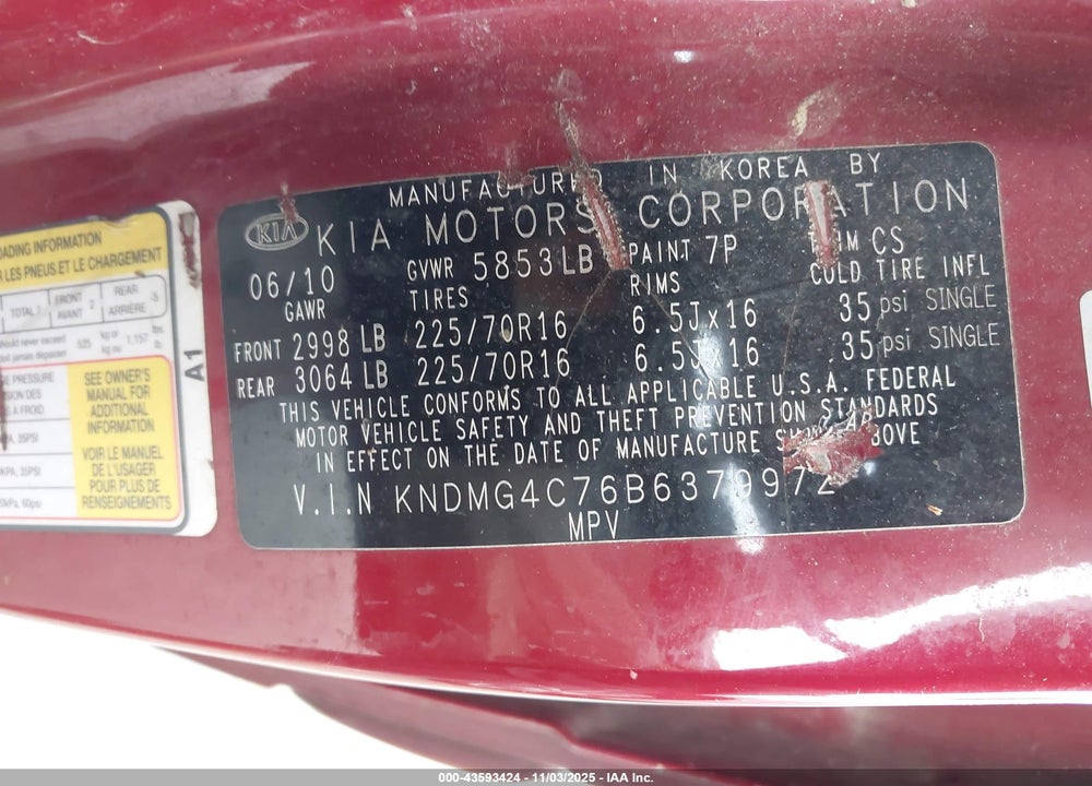 2011 KIA SEDONA LX VIN: KNDMG4C76B6379972