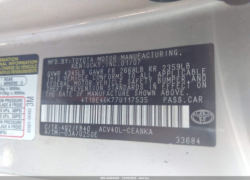 2007 TOYOTA CAMRY LE VIN: 4T1BE46K77U117535