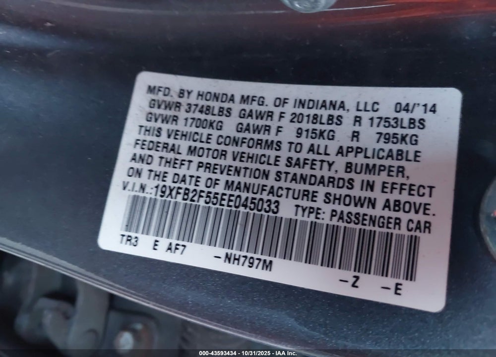 2014 HONDA CIVIC VIN: 19XFB2F55EE045033