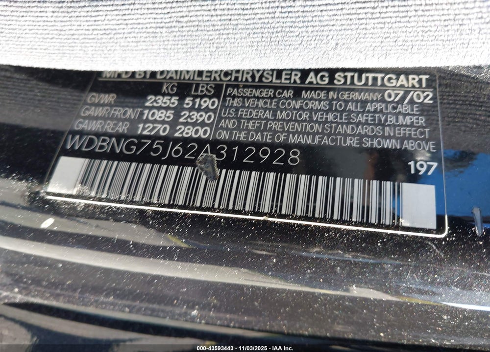 2002 MERCEDES-BENZ S 500 VIN: WDBNG75J62A312928