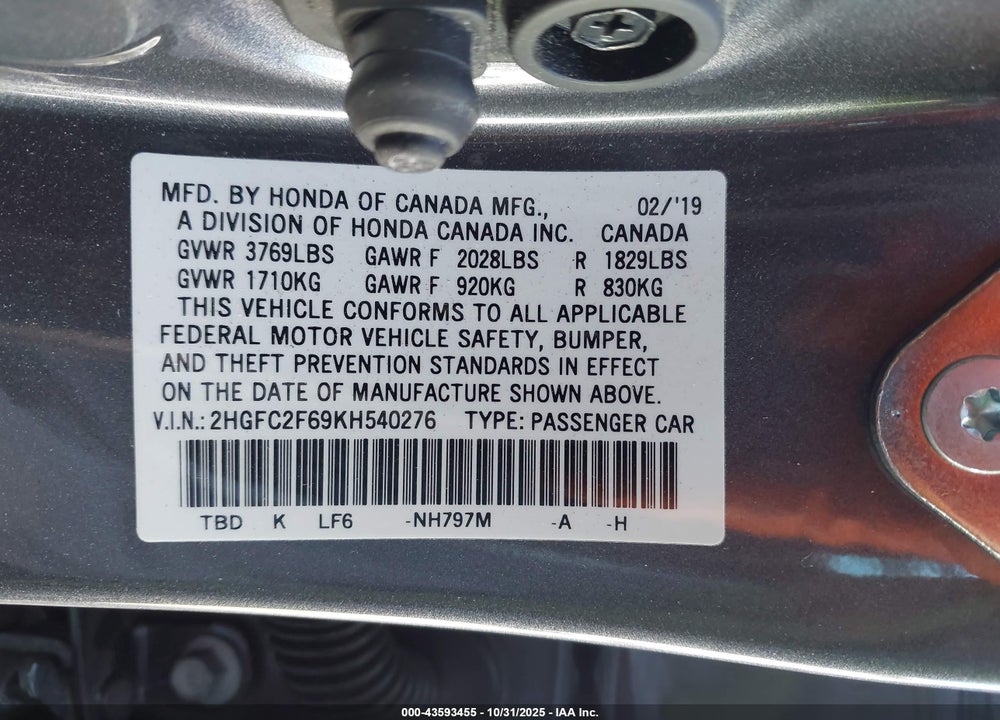 2019 HONDA CIVIC VIN: 2HGFC2F69KH540276