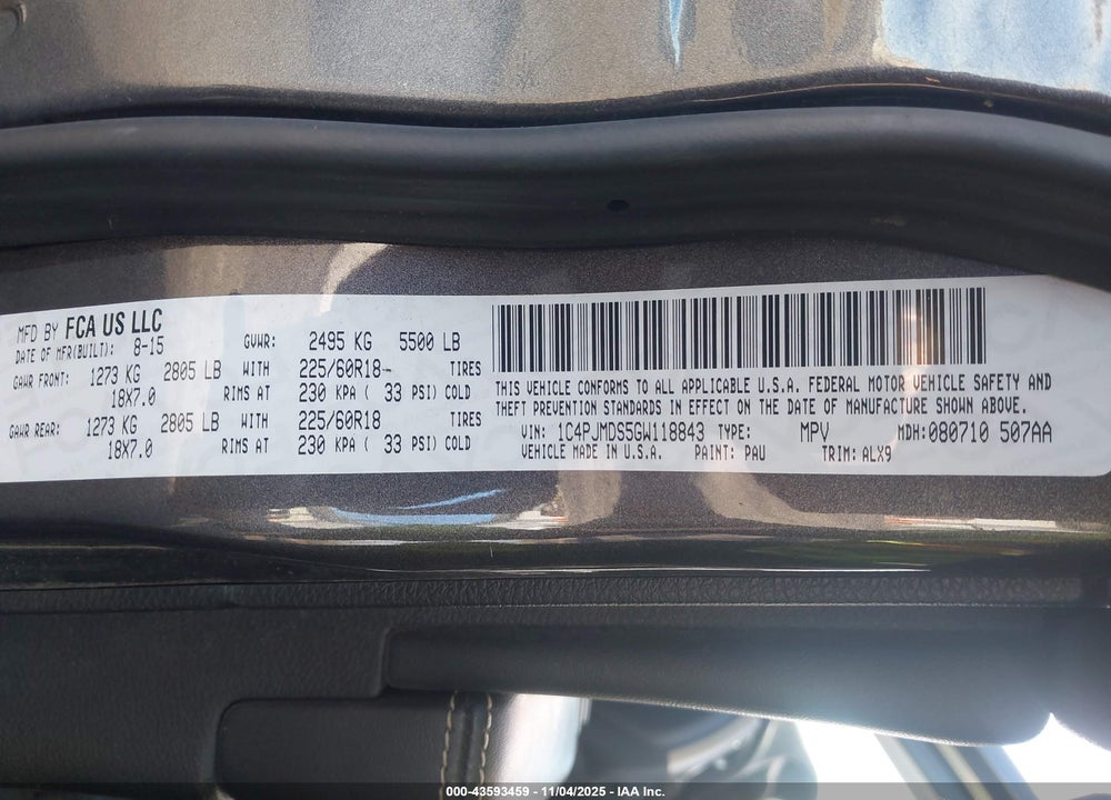 2016 JEEP CHEROKEE LIMITED VIN: 1C4PJMDS5GW118843