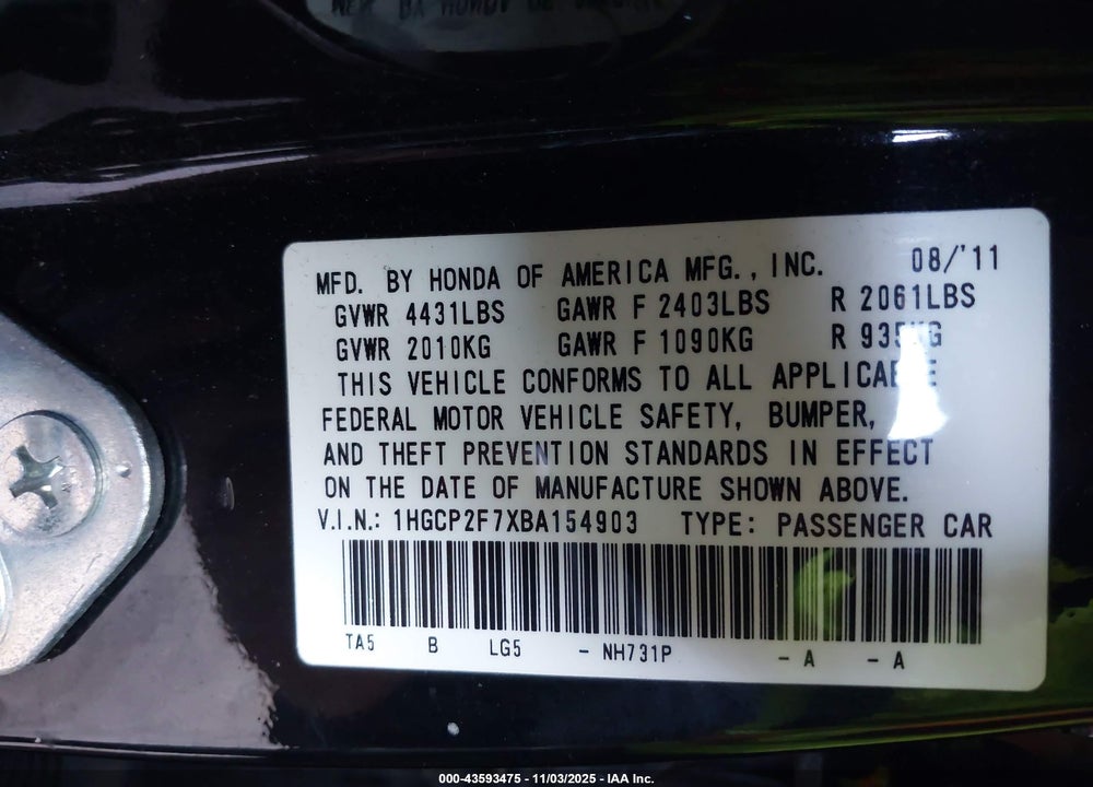 2011 HONDA ACCORD VIN: 1HGCP2F7XBA154903