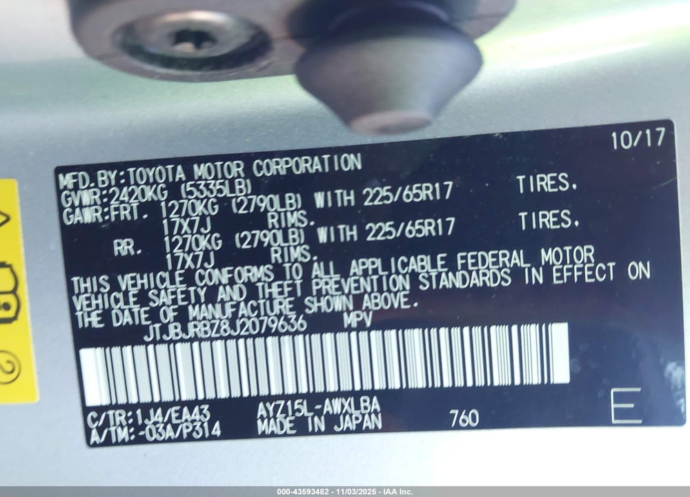 2018 LEXUS NX 300H VIN: JTJBJRBZ8J2079636