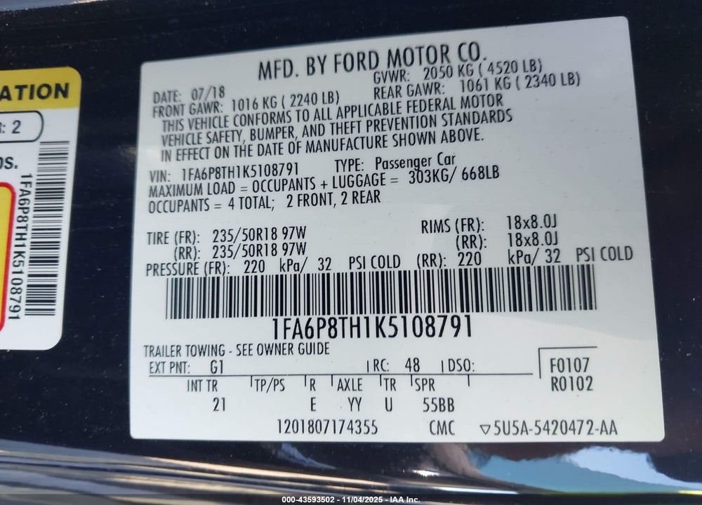 2019 FORD MUSTANG ECOBOOST VIN: 1FA6P8TH1K5108791