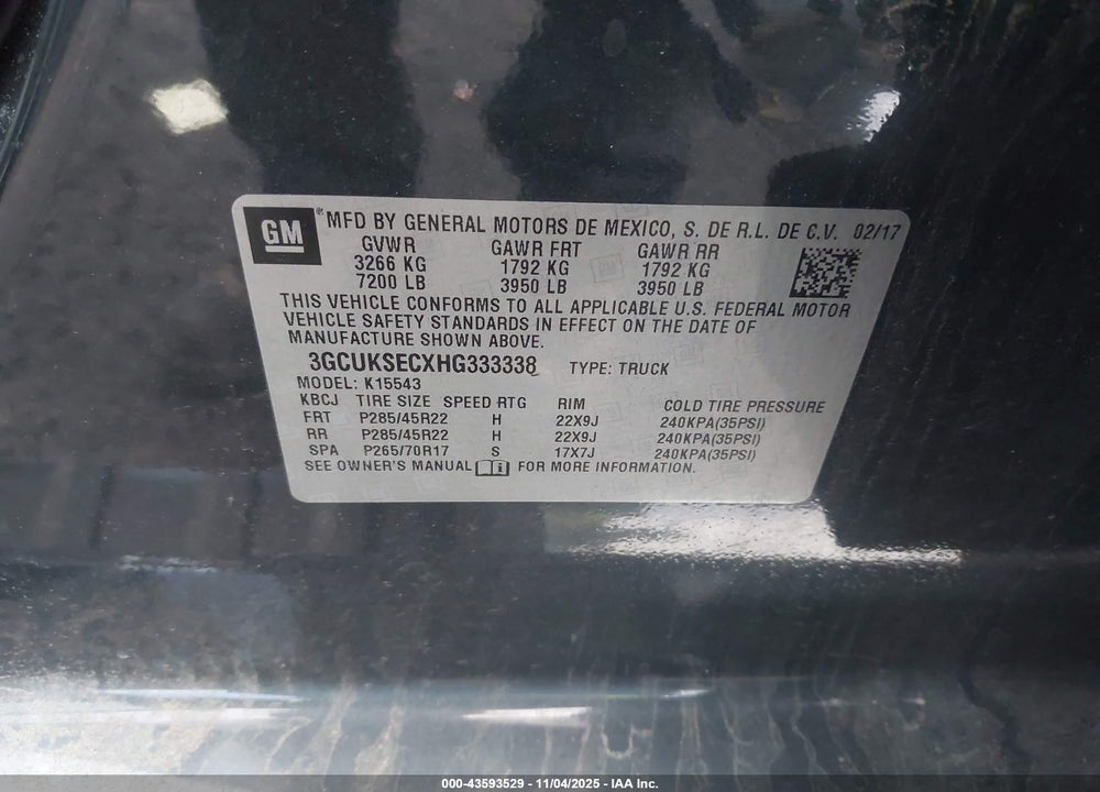 2017 CHEVROLET SILVERADO 1500 2LZ VIN: 3GCUKSECXHG333338