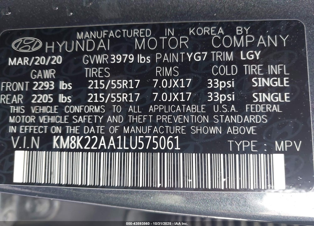 2020 HYUNDAI KONA SEL VIN: KM8K22AA1LU575061
