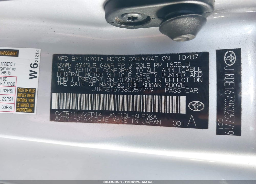 2008 SCION TC VIN: JTKDE167380257719