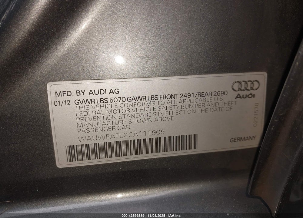 2012 AUDI A4 2.0T PREMIUM VIN: WAUWFAFLXCA111909