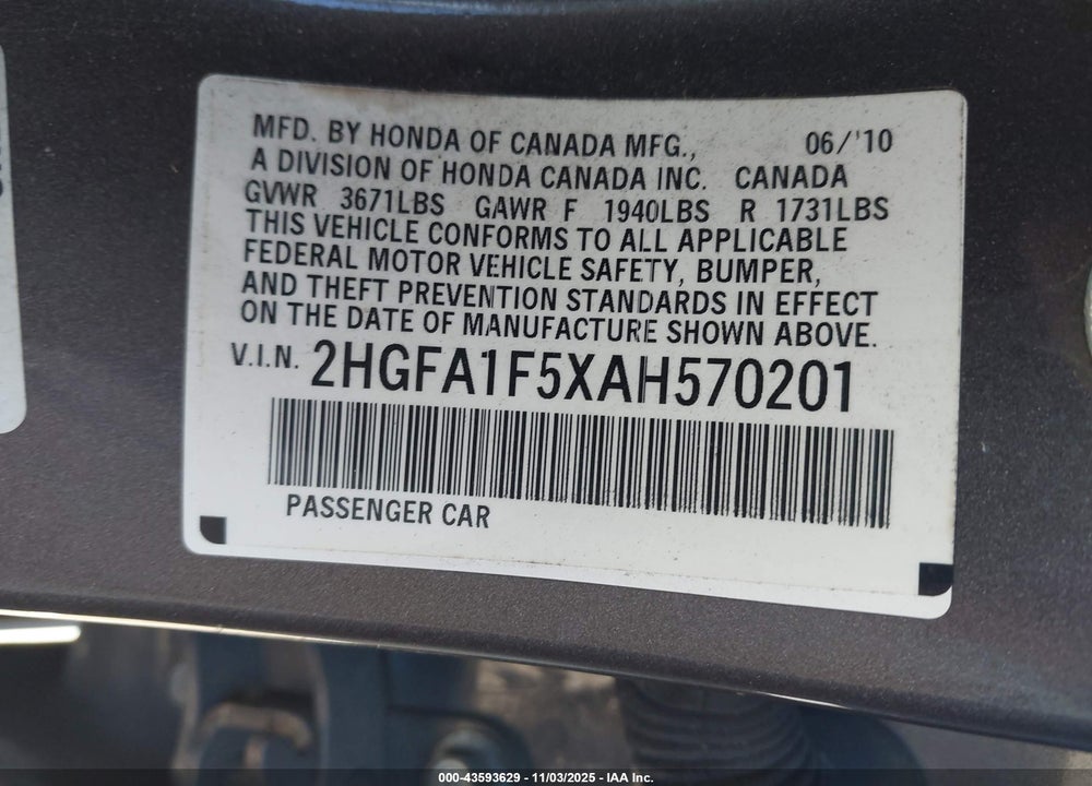 2010 HONDA CIVIC VIN: 2HGFA1F5XAH570201