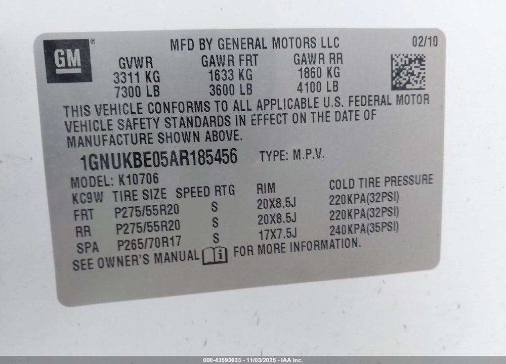 2010 CHEVROLET TAHOE LT VIN: 1GNUKBE05AR185456