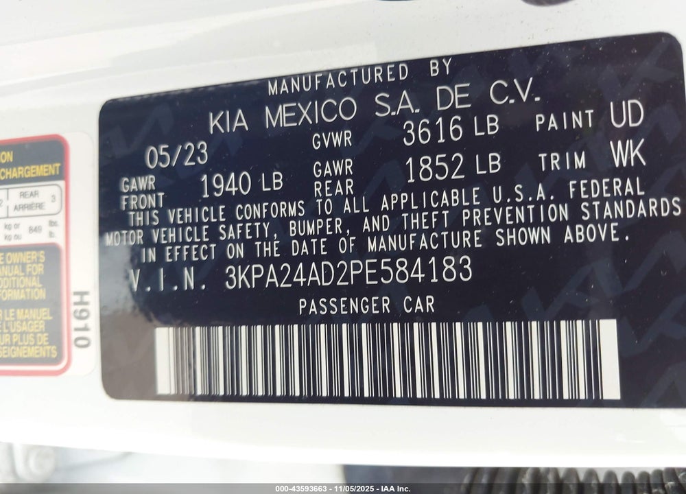 2023 KIA RIO LX VIN: 3KPA24AD2PE584183