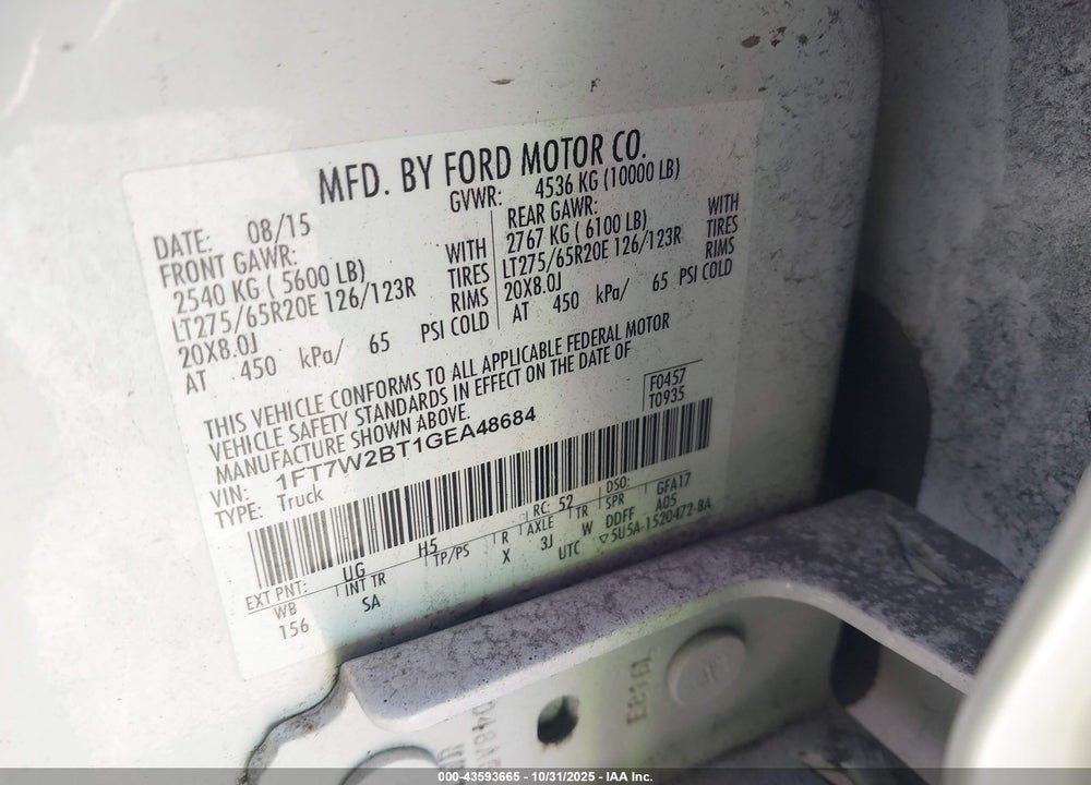 2016 FORD F-250 LARIAT VIN: 1FT7W2BT1GEA48684