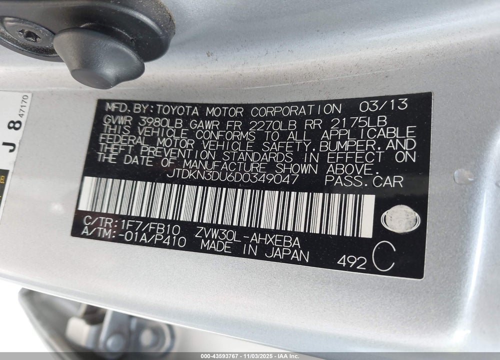 2013 TOYOTA PRIUS THREE VIN: JTDKN3DU6D0349047