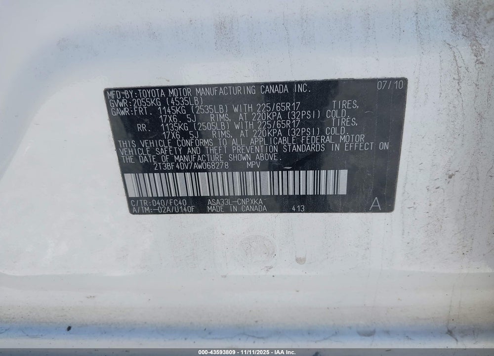 2010 TOYOTA RAV4 VIN: 2T3BF4DV7AW068278