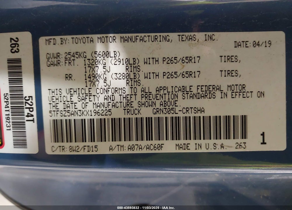 2019 TOYOTA TACOMA TRD SPORT VIN: 5TFSZ5AN3KX196225