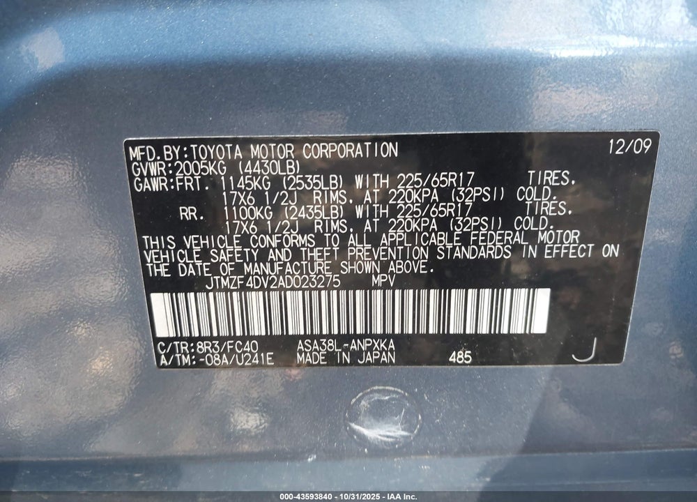 2010 TOYOTA RAV4 VIN: JTMZF4DV2AD023275