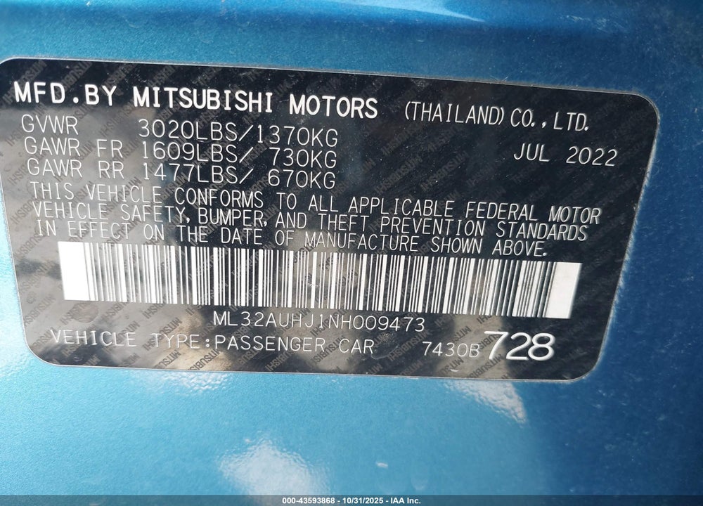 2022 MITSUBISHI MIRAGE ES/LE VIN: ML32AUHJ1NH009473