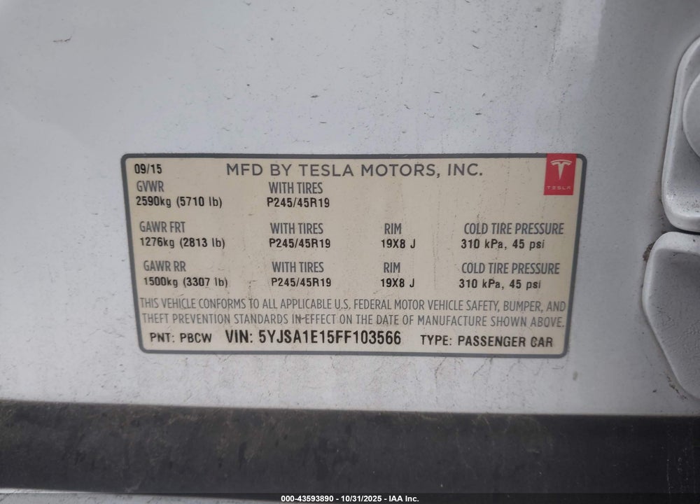 2015 TESLA MODEL S VIN: 5YJSA1E15FF103566