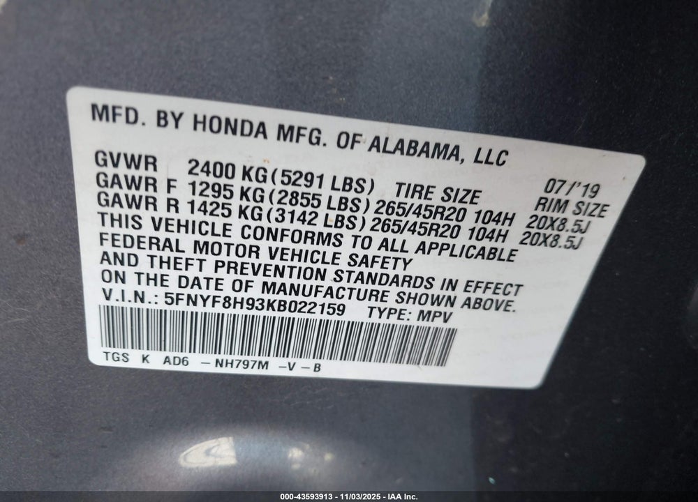 2019 HONDA PASSPORT VIN: 5FNYF8H93KB022159