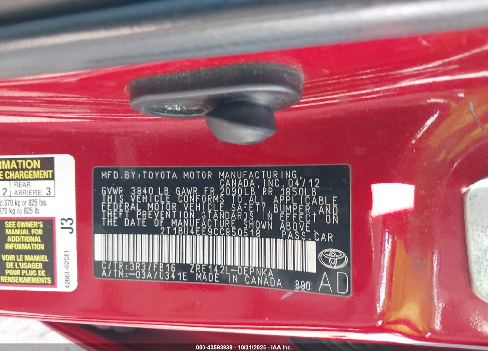 2012 TOYOTA COROLLA VIN: 2T1BU4EE9CC850518