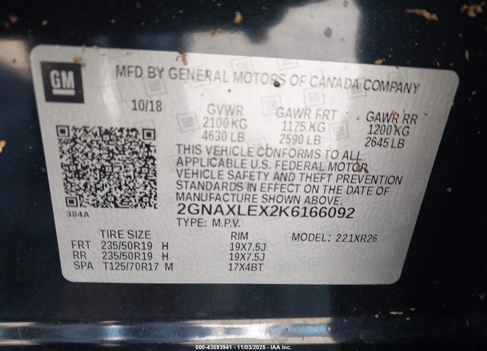 2019 CHEVROLET EQUINOX LT VIN: 2GNAXLEX2K6166092