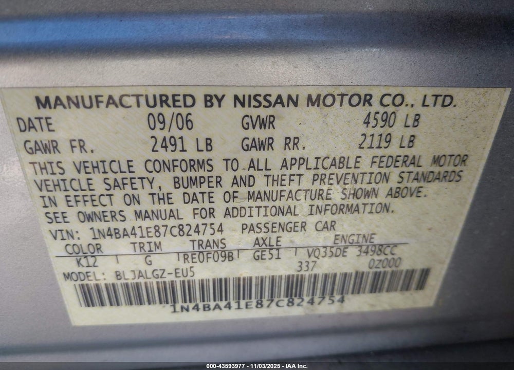 2007 NISSAN MAXIMA 3.5 SL VIN: 1N4BA41E87C824754