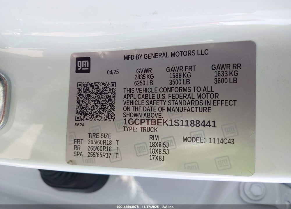 2025 CHEVROLET COLORADO 4WD WT VIN: 1GCPTBEK1S1188441