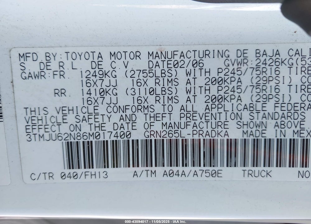 2006 TOYOTA TACOMA VIN: 3TMJU62N86M017400