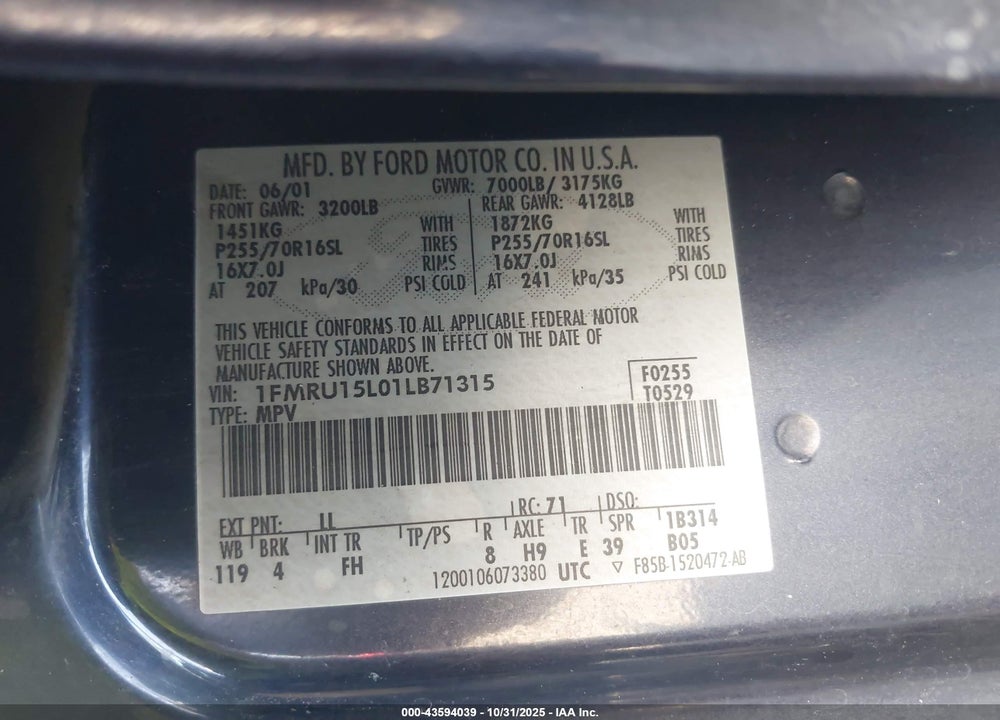 2001 FORD EXPEDITION XLT VIN: 1FMRU15L01LB71315