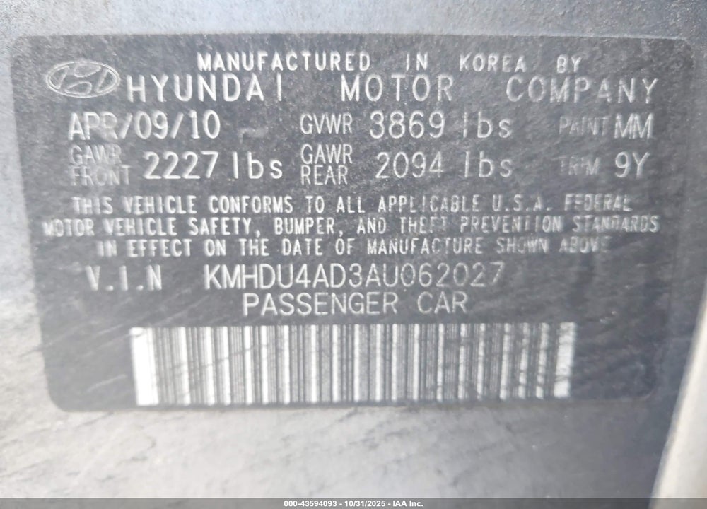 2010 HYUNDAI ELANTRA GLS VIN: KMHDU4AD3AU062027