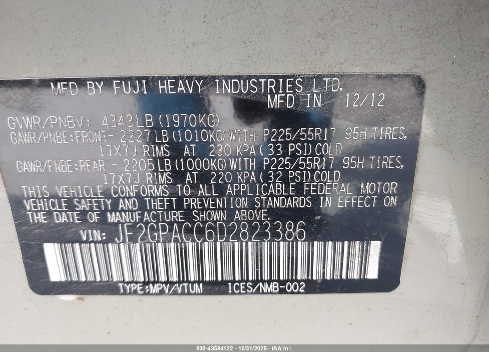2013 SUBARU XV CROSSTREK VIN: JF2GPACC6D2823386