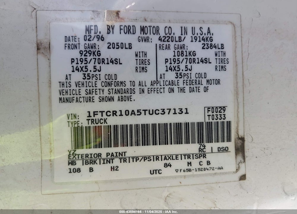 1996 FORD RANGER VIN: 1FTCR10A5TUC37131