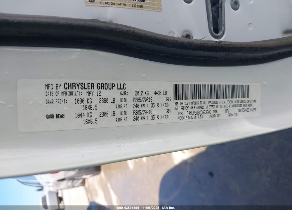 2012 JEEP PATRIOT SPORT VIN: 1C4NJPBA0CD673806
