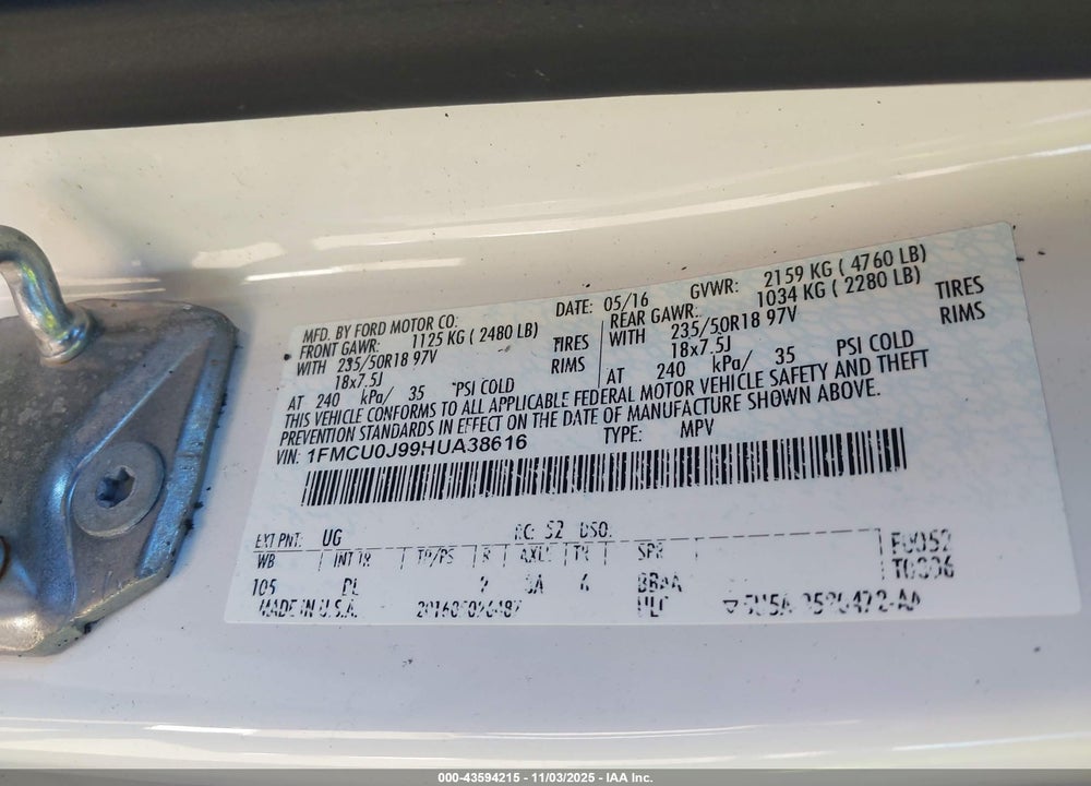 2017 FORD ESCAPE TITANIUM VIN: 1FMCU0J99HUA38616
