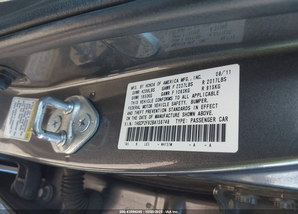 2011 HONDA ACCORD 2.4 SE VIN: 1HGCP2F62BA156748